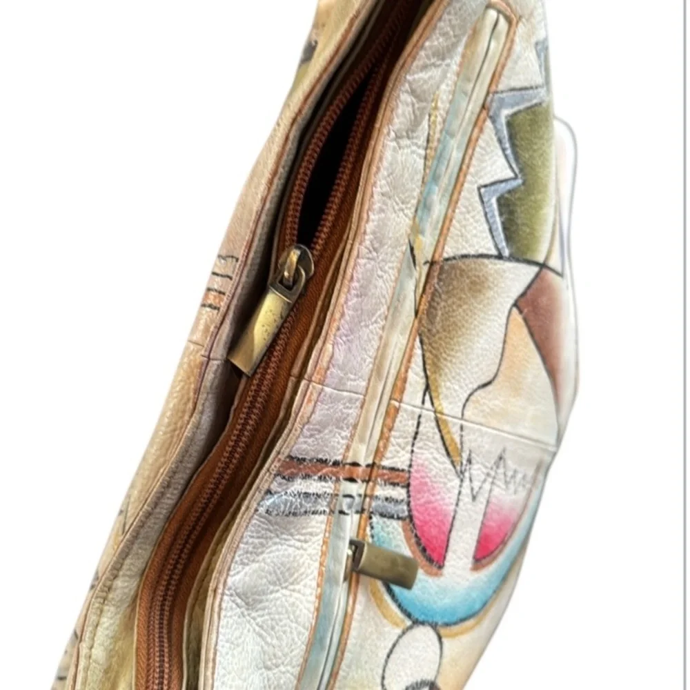 Vintage Handpainted Leather Manifique Hobo Bag with Braided Shoulder Strap